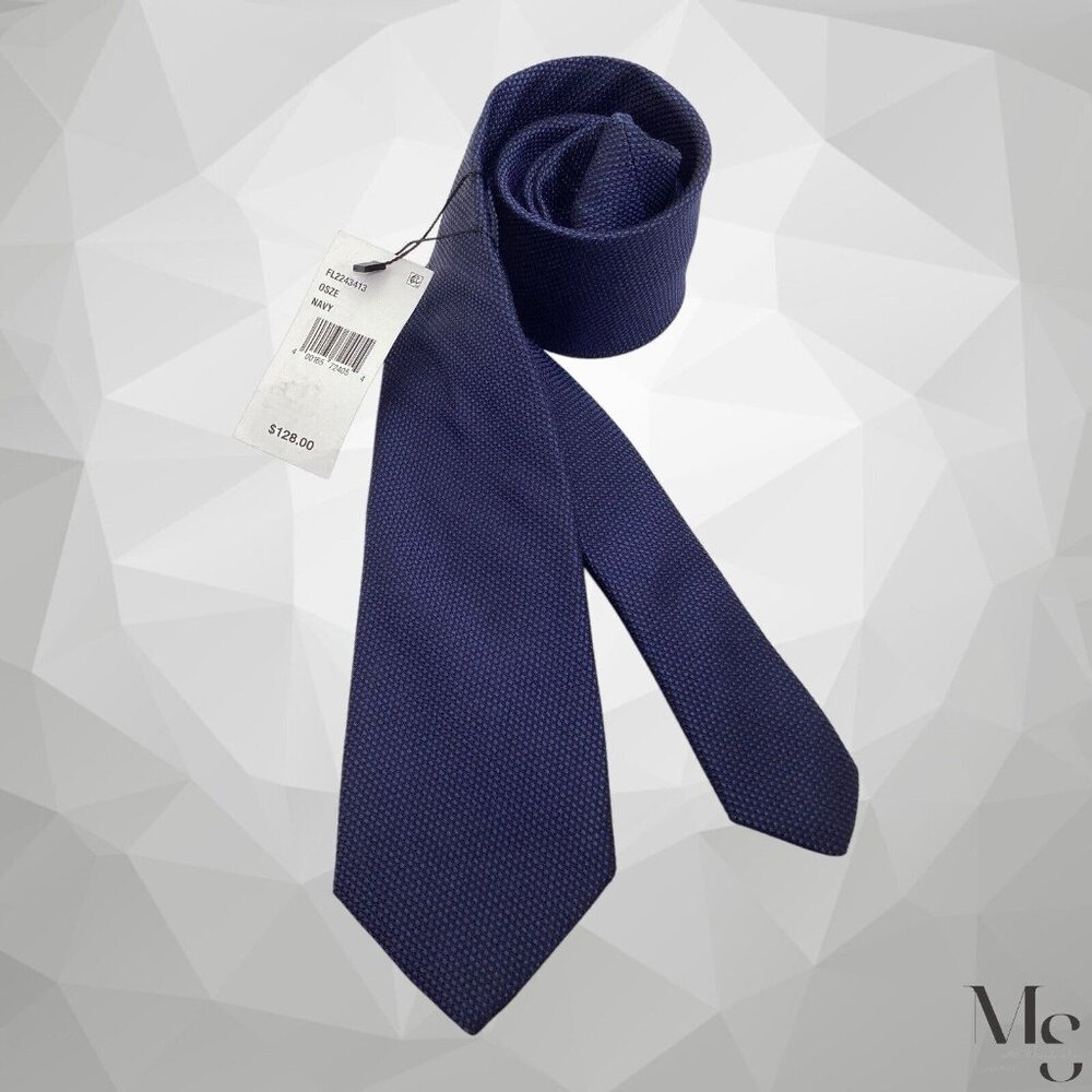$128 SAKS FIFTH AVENUE Navy Geometric Silk Tie Made In Italy 58”- 3" NWT